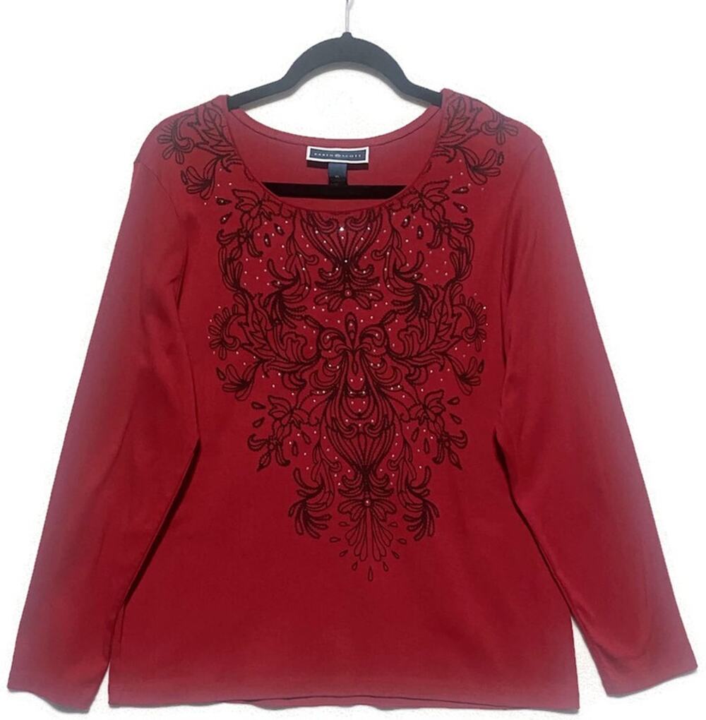 Karen Scott Women's XL Red Pullover Top Black Trim Rhinestones Crew Neck
